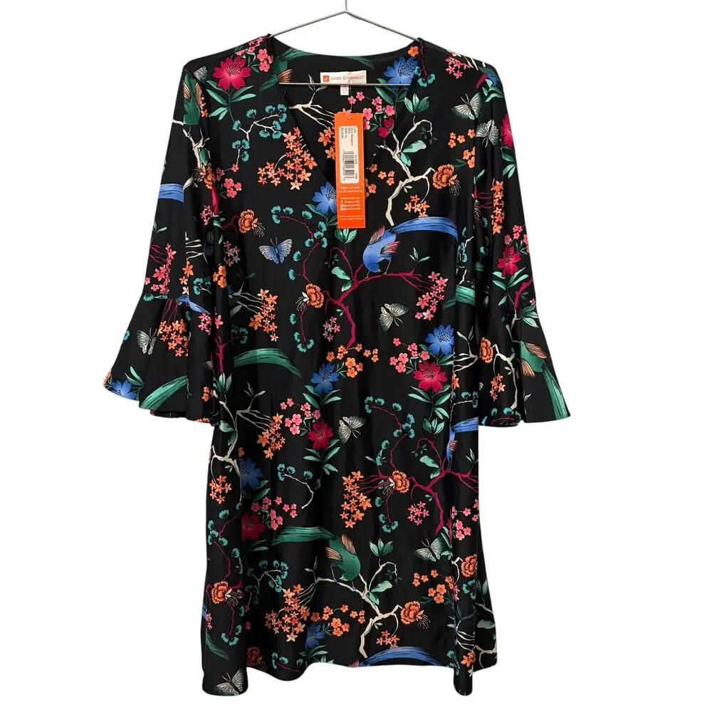 Jude Connally Black Floral Menagerie V Neck Mini Dress XL NEW - Picture 2 of 8